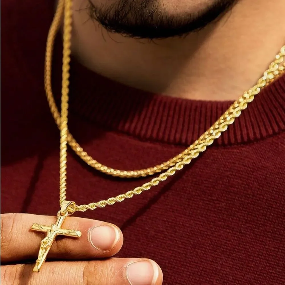 22” 18K Gold Plated Crucifix Cross Pendant Necklace Rope Chain Unisex Religious